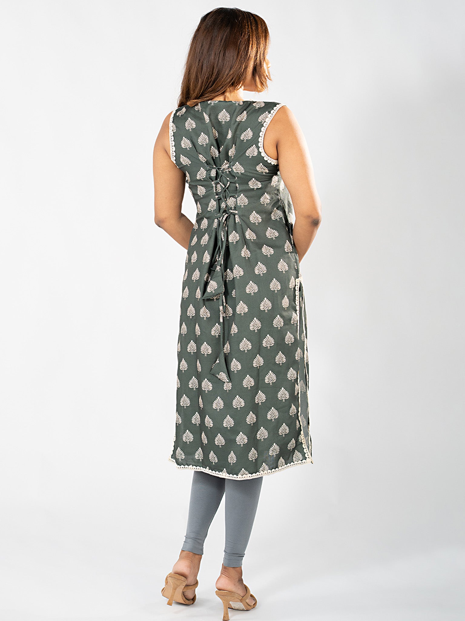 Peacock Lace Kurta in Teal Green — back view showing tie-up