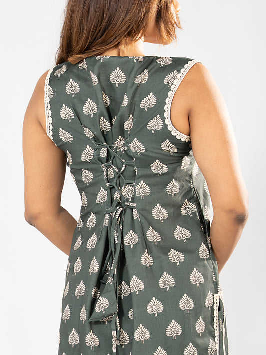 Corset-style back tie-up detail on the Teal Green Peacock Lace Kurta