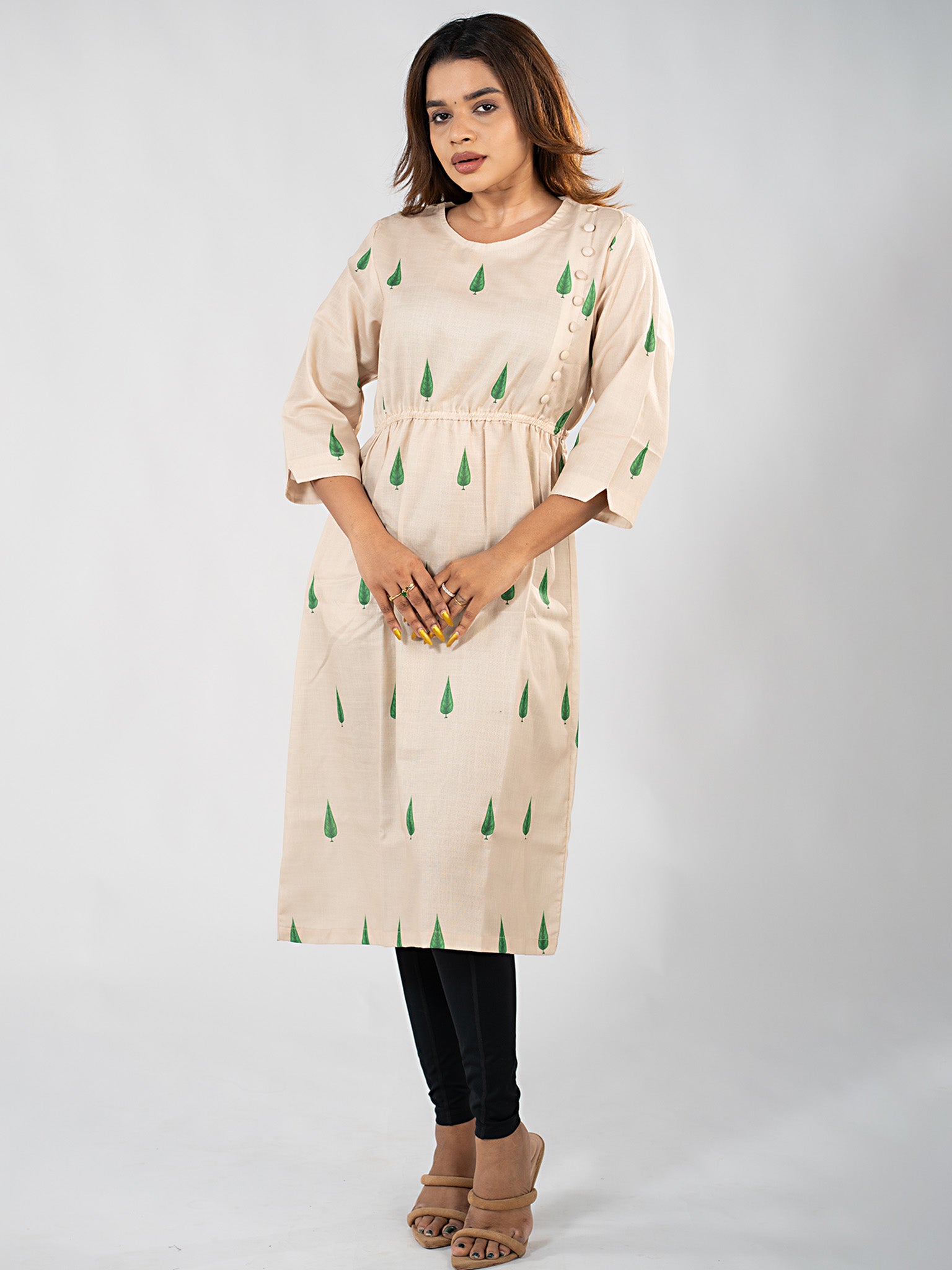 Cypress Tree Kurta in Cream — full front view on model